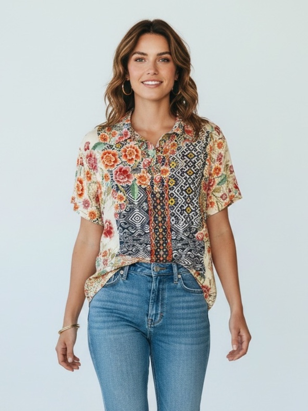 Johnny Was Floral Patchwork Button-Down Shirt - Cream, Orange, Green, Blue